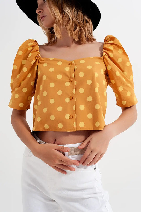 Polka dot top with puffed sleeves and square neckline in yellow - Tops