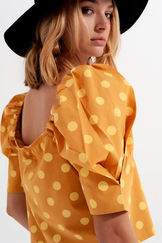 Polka dot top with puffed sleeves and square neckline in yellow - Tops