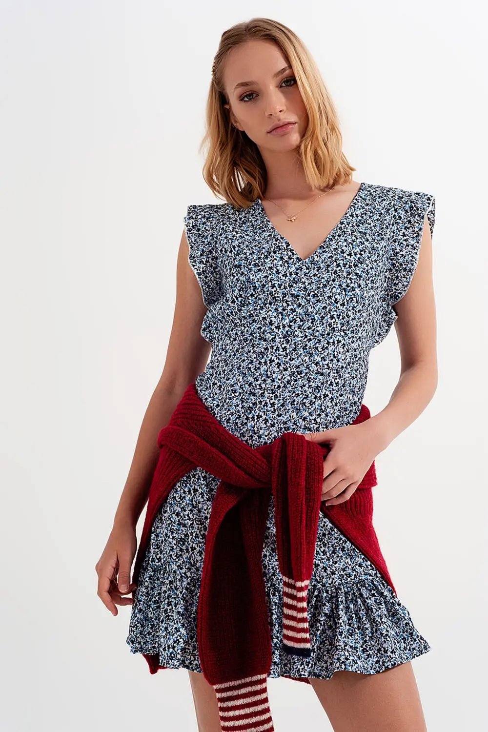 Mini dress with ruffle sleeve in ditsy floral in blue - Dresses