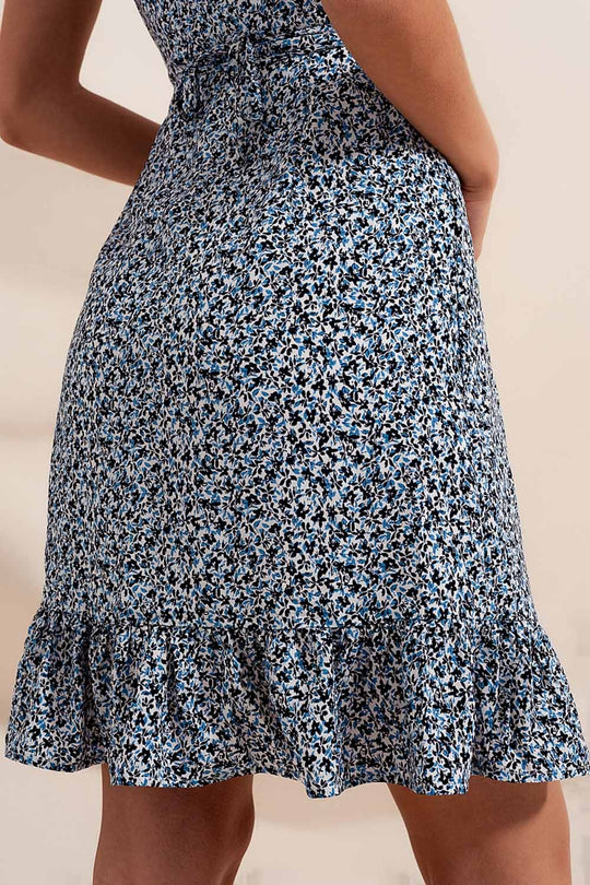 Ruffle wrap dress in blue floral print