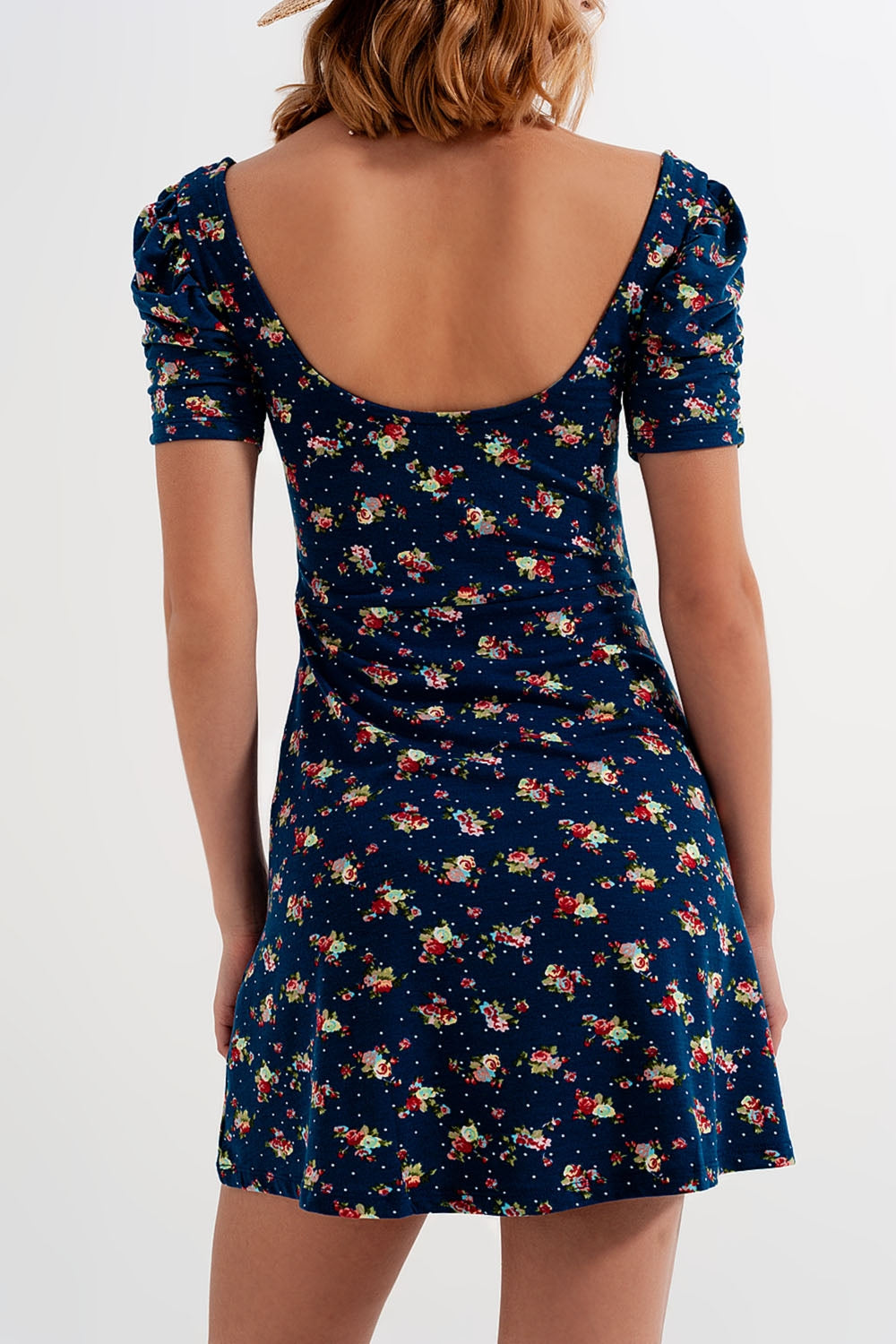 Puff sleeve skater dress in navy blue floral print