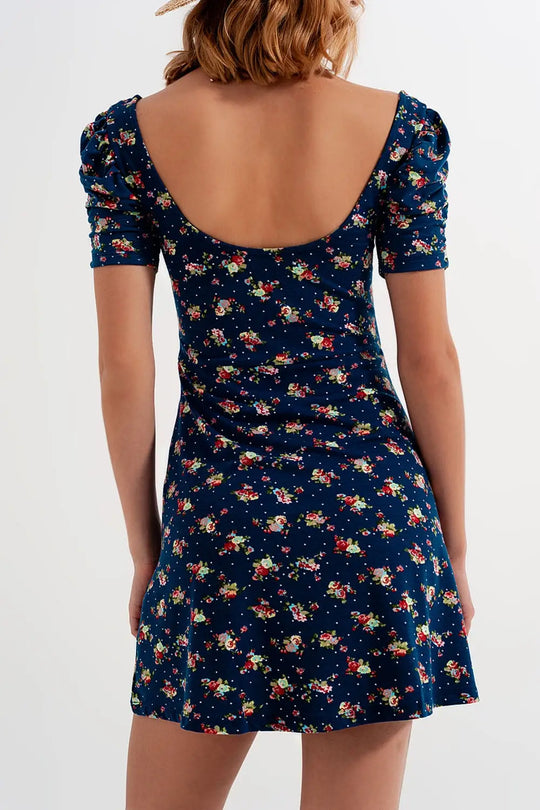 Puff sleeve skater dress in navy blue floral print - Dresses