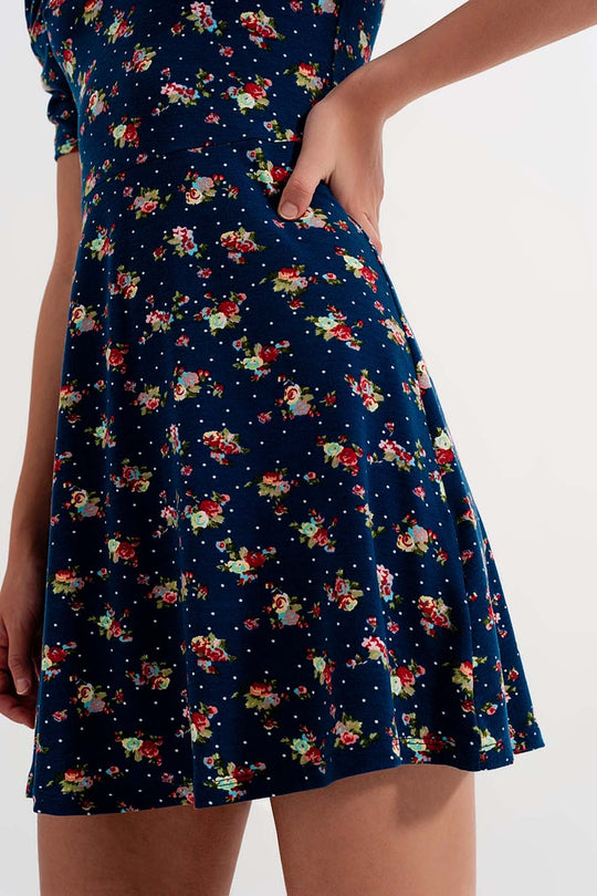 Puff sleeve skater dress in navy blue floral print