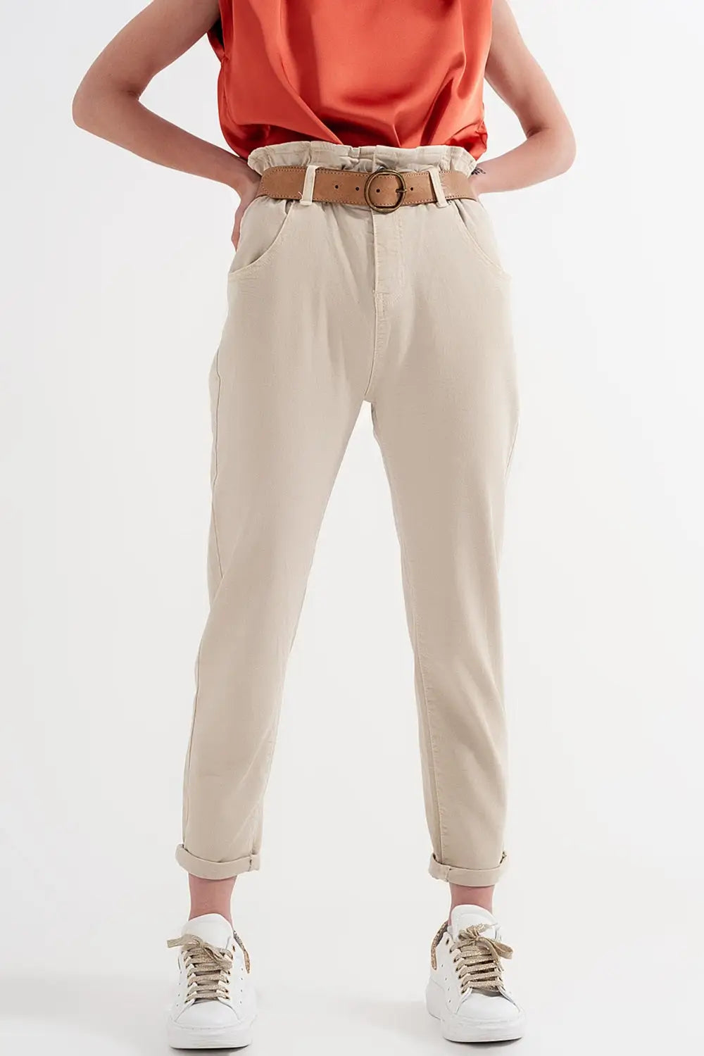 Elasticated paper bag waist mom jean in beige - Colored Jeans