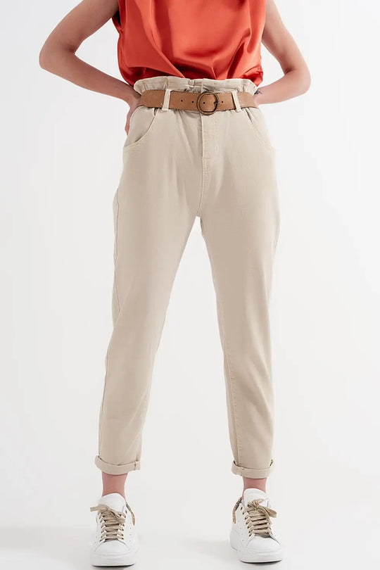 Elasticated paper bag waist mom jean in beige - Colored Jeans