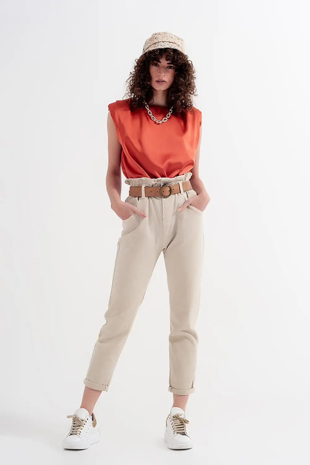 Elasticated paper bag waist mom jean in beige - Colored Jeans