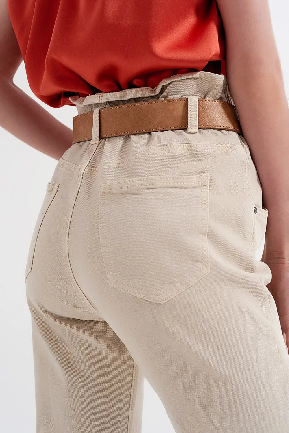 Elasticated paper bag waist mom jean in beige - Colored Jeans