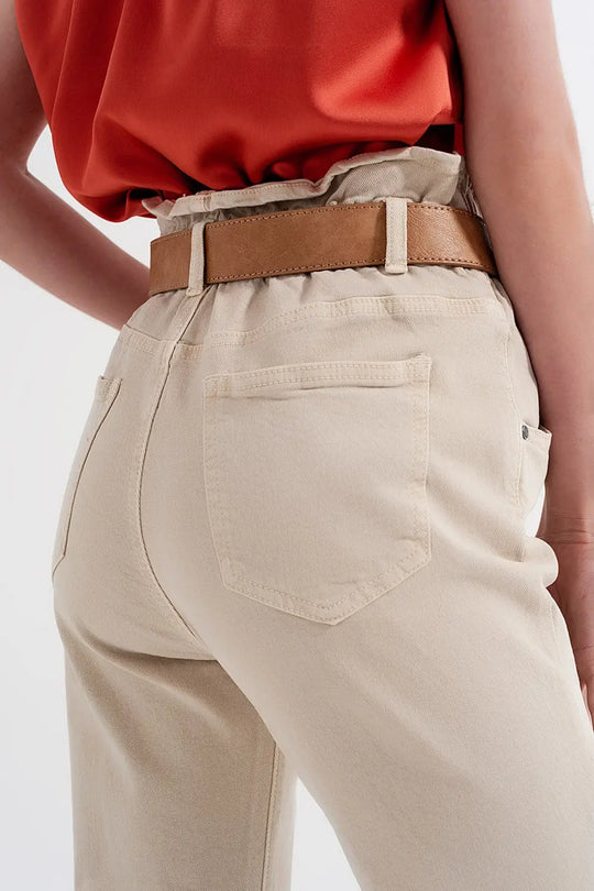 Elasticated paper bag waist mom jean in beige - Colored Jeans
