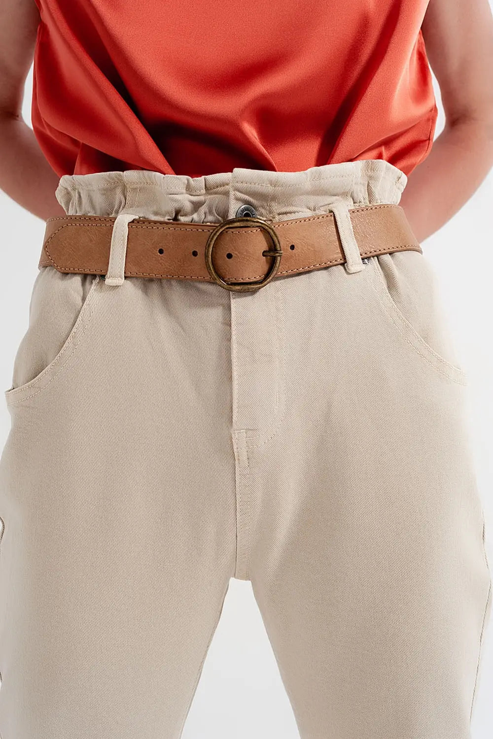 Elasticated paper bag waist mom jean in beige - Colored Jeans