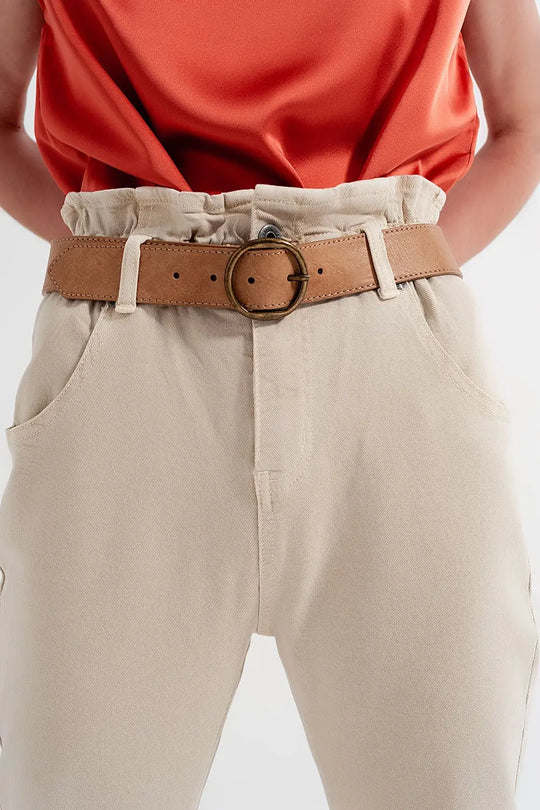 Elasticated paper bag waist mom jean in beige - Colored Jeans