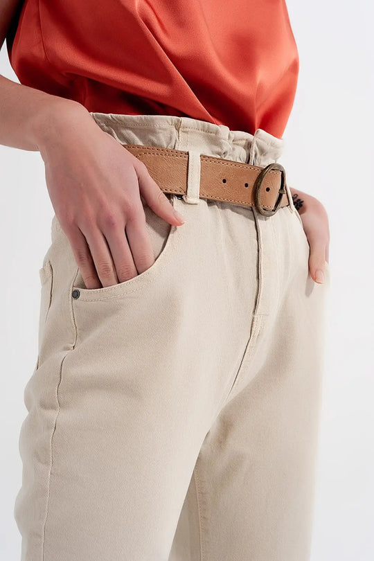 Elasticated paper bag waist mom jean in beige - Colored Jeans