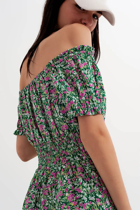 Mini dress with shirred detail in green ditsy floral print - Dresses