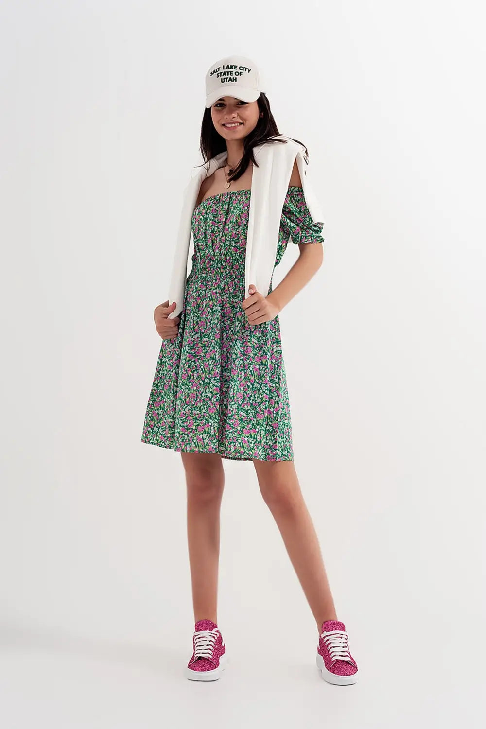Mini dress with shirred detail in green ditsy floral print - Dresses