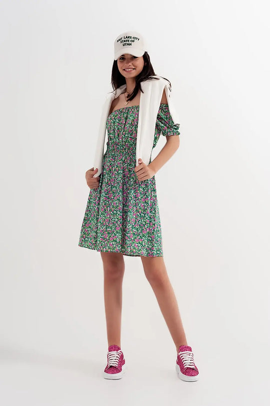 Mini dress with shirred detail in green ditsy floral print - Dresses