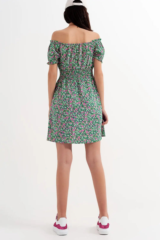 Mini dress with shirred detail in green ditsy floral print - Dresses