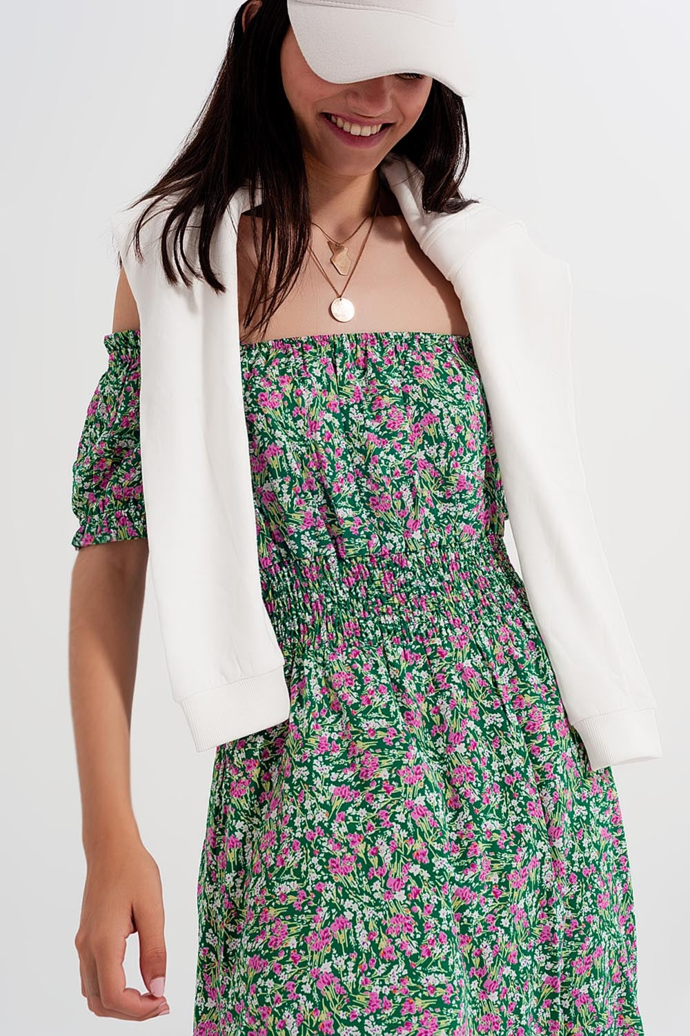 Mini dress with shirred detail in green ditsy floral print