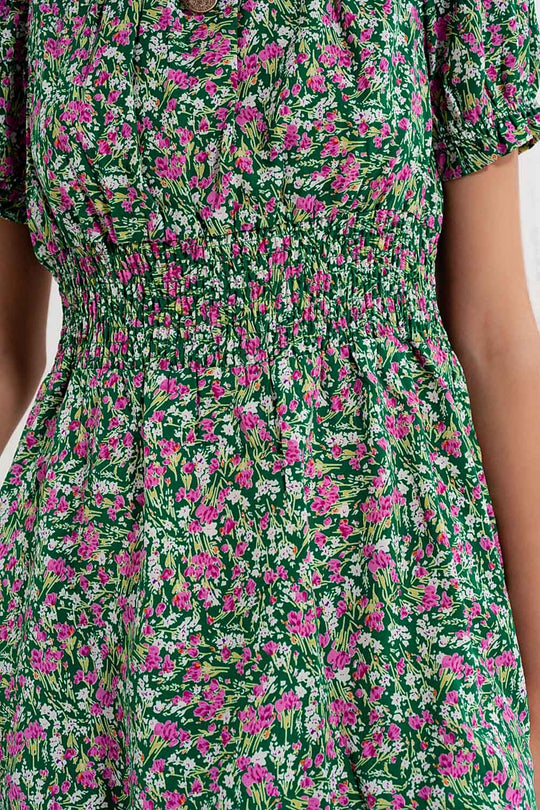 Mini dress with shirred detail in green ditsy floral print