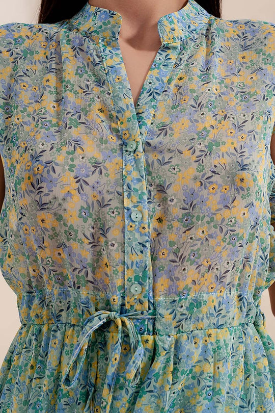 Mini dress with ruffle trims in vintage floral in green
