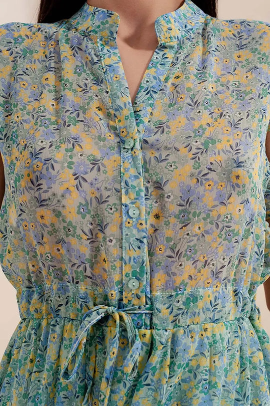 Mini dress with ruffle trims in vintage floral in green - Dresses