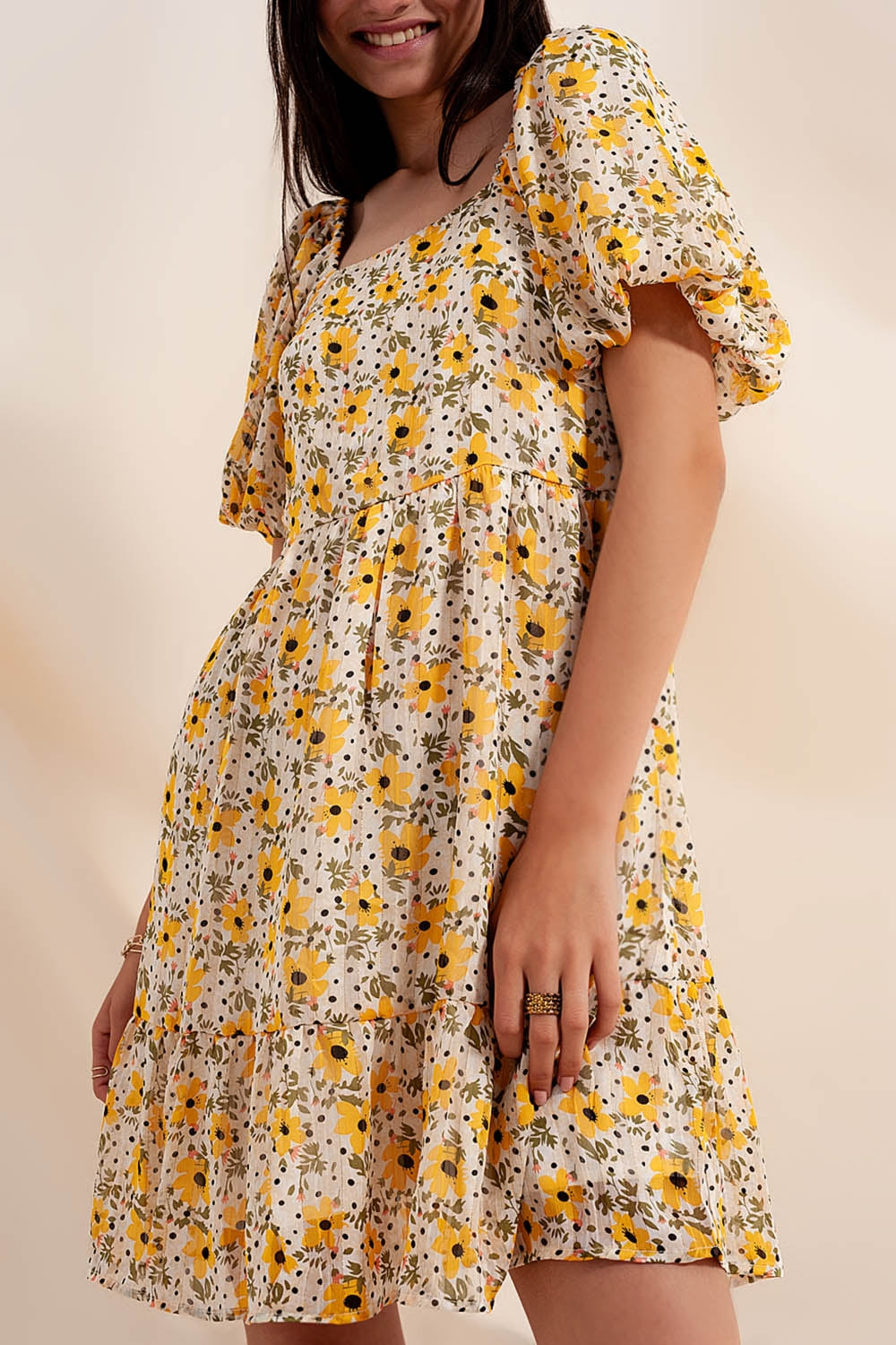 Puff sleeve smock dress in yellow