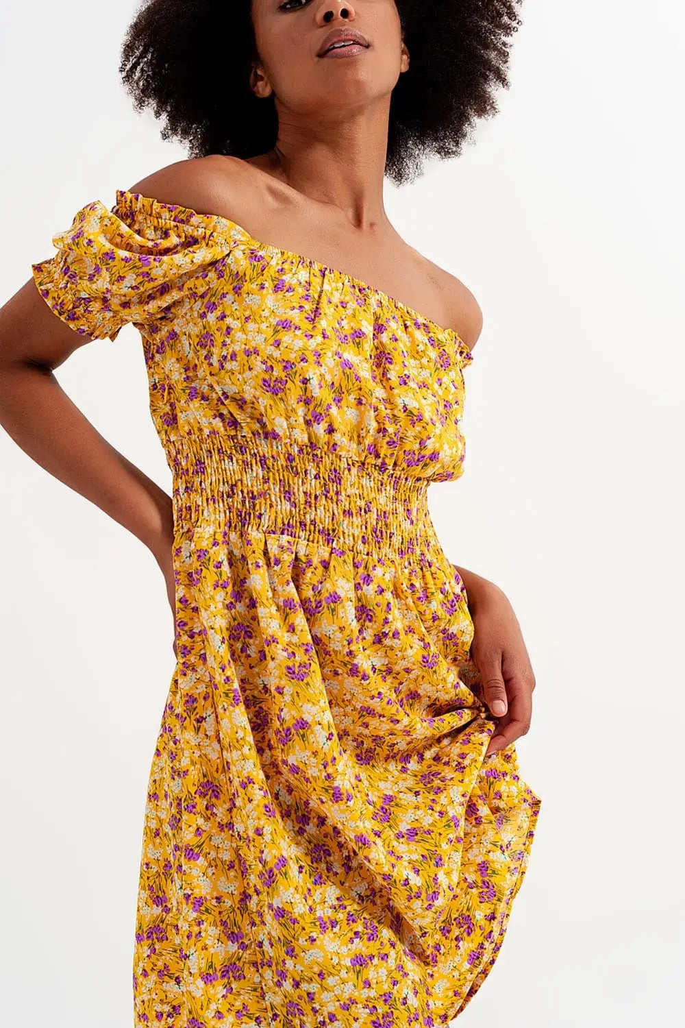 Mini dress with shirred detail in yellow ditsy floral print - Dresses