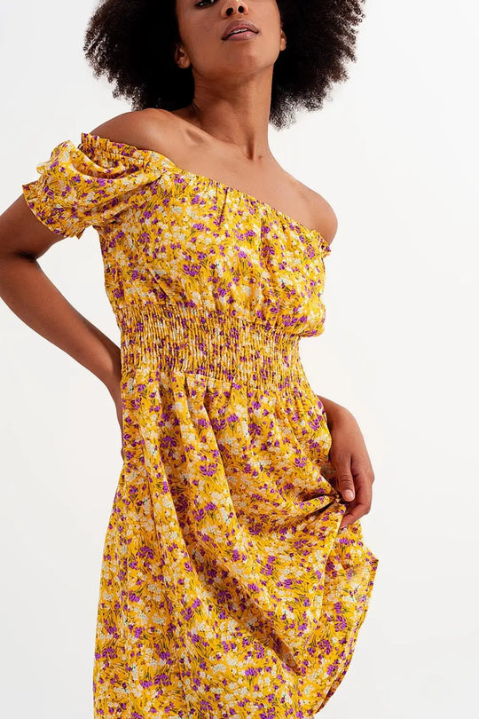 Mini dress with shirred detail in yellow ditsy floral print - Dresses