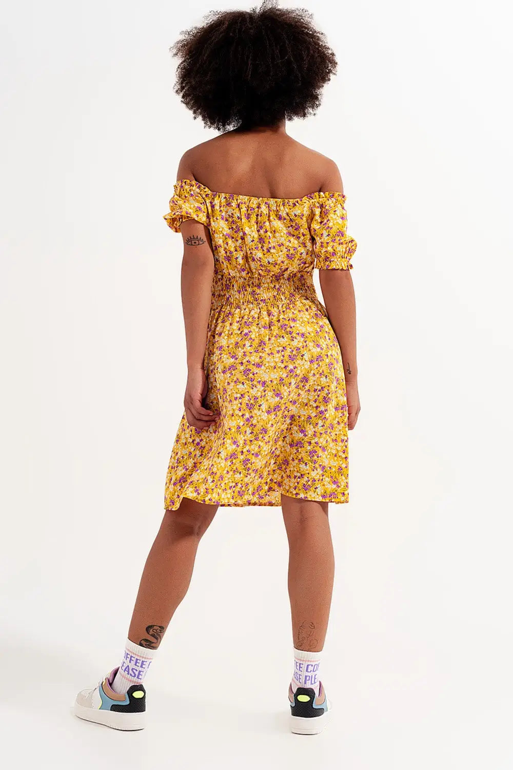 Mini dress with shirred detail in yellow ditsy floral print - Dresses