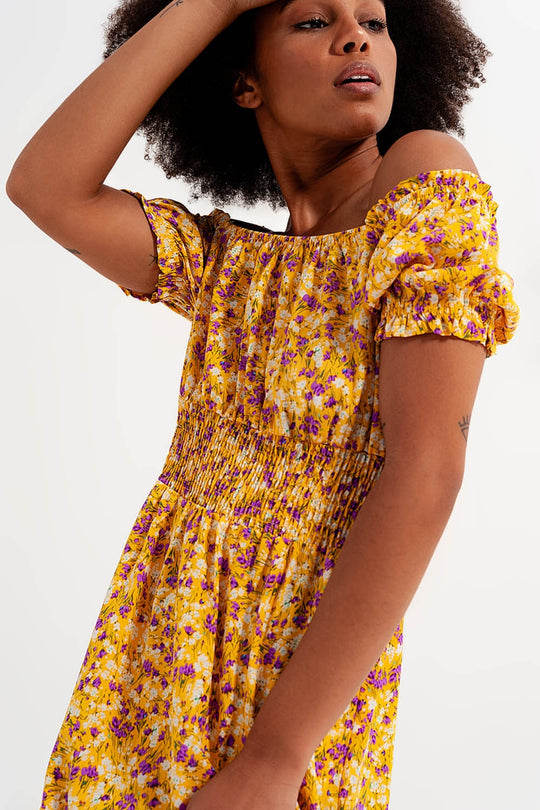 Mini dress with shirred detail in yellow ditsy floral print