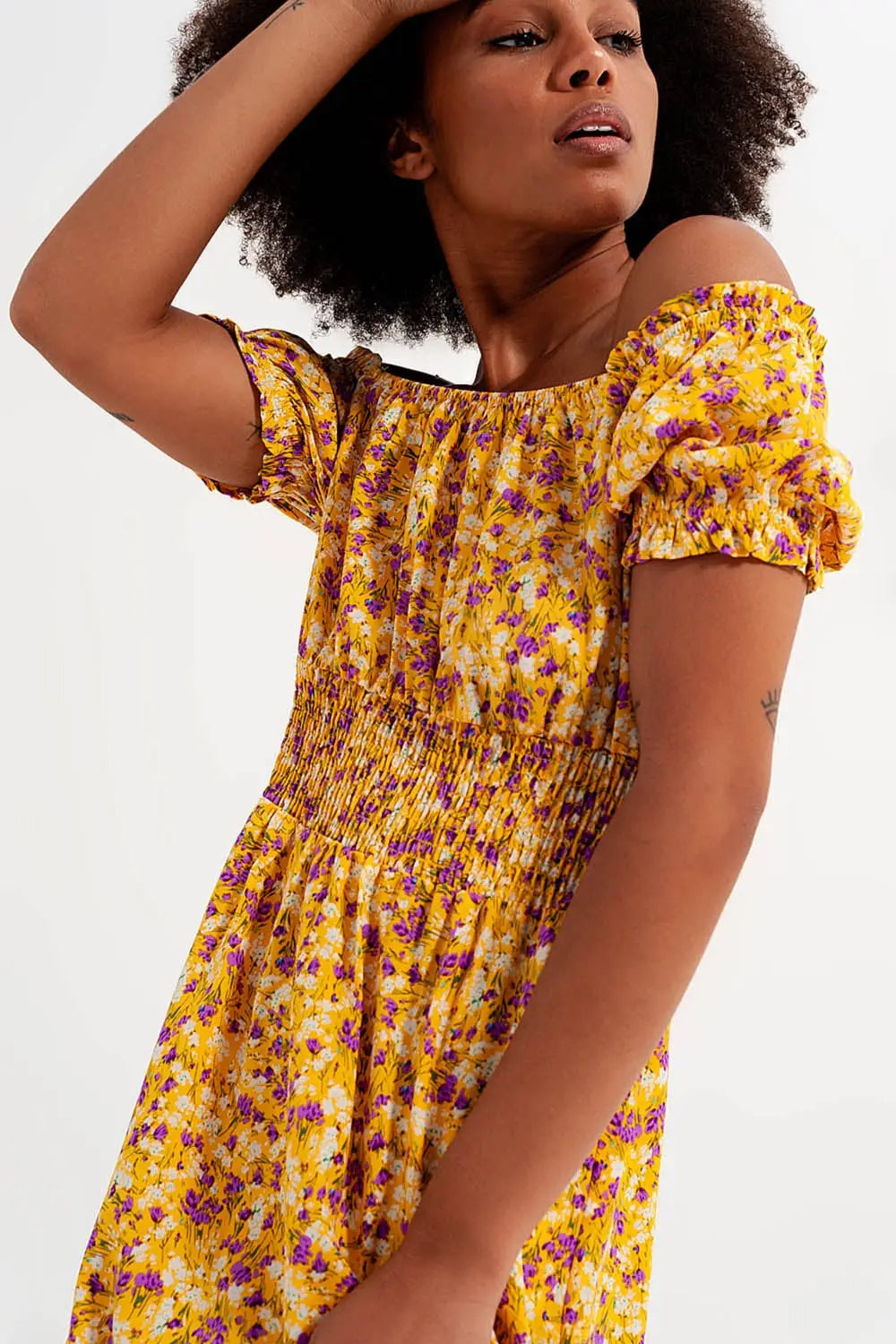 Mini dress with shirred detail in yellow ditsy floral print - Dresses