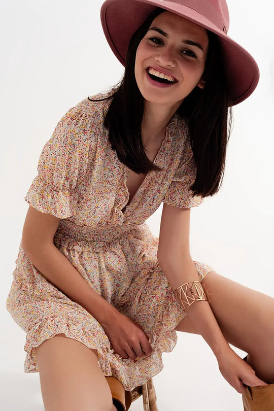 shirred mini skater dress in floral yellow - Dresses