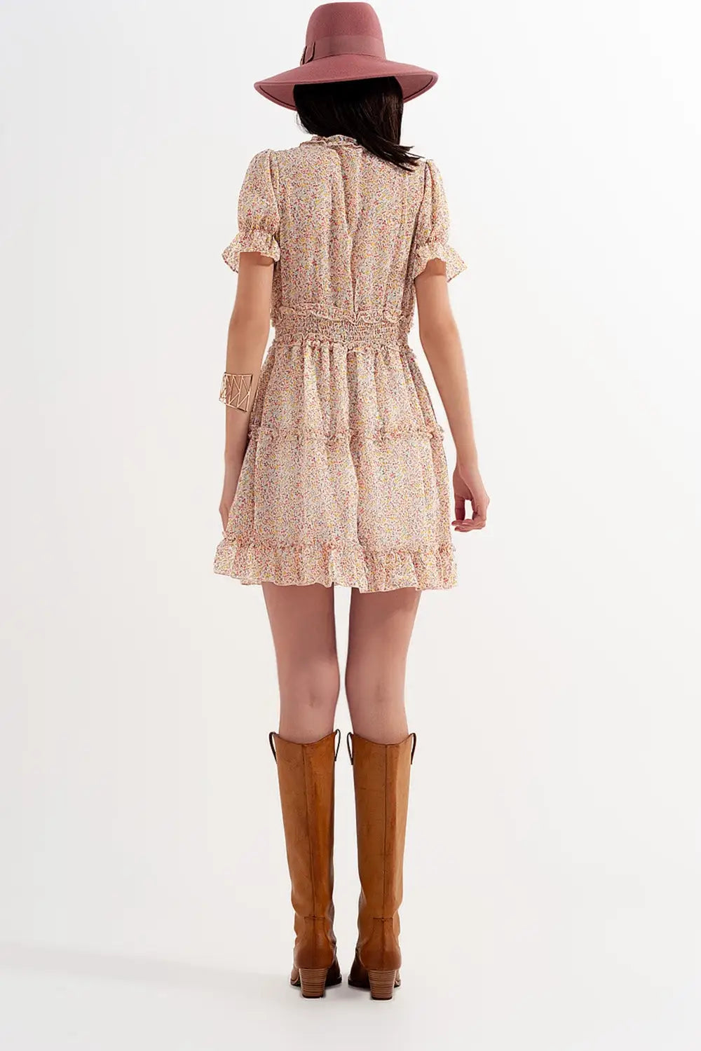 shirred mini skater dress in floral yellow - Dresses