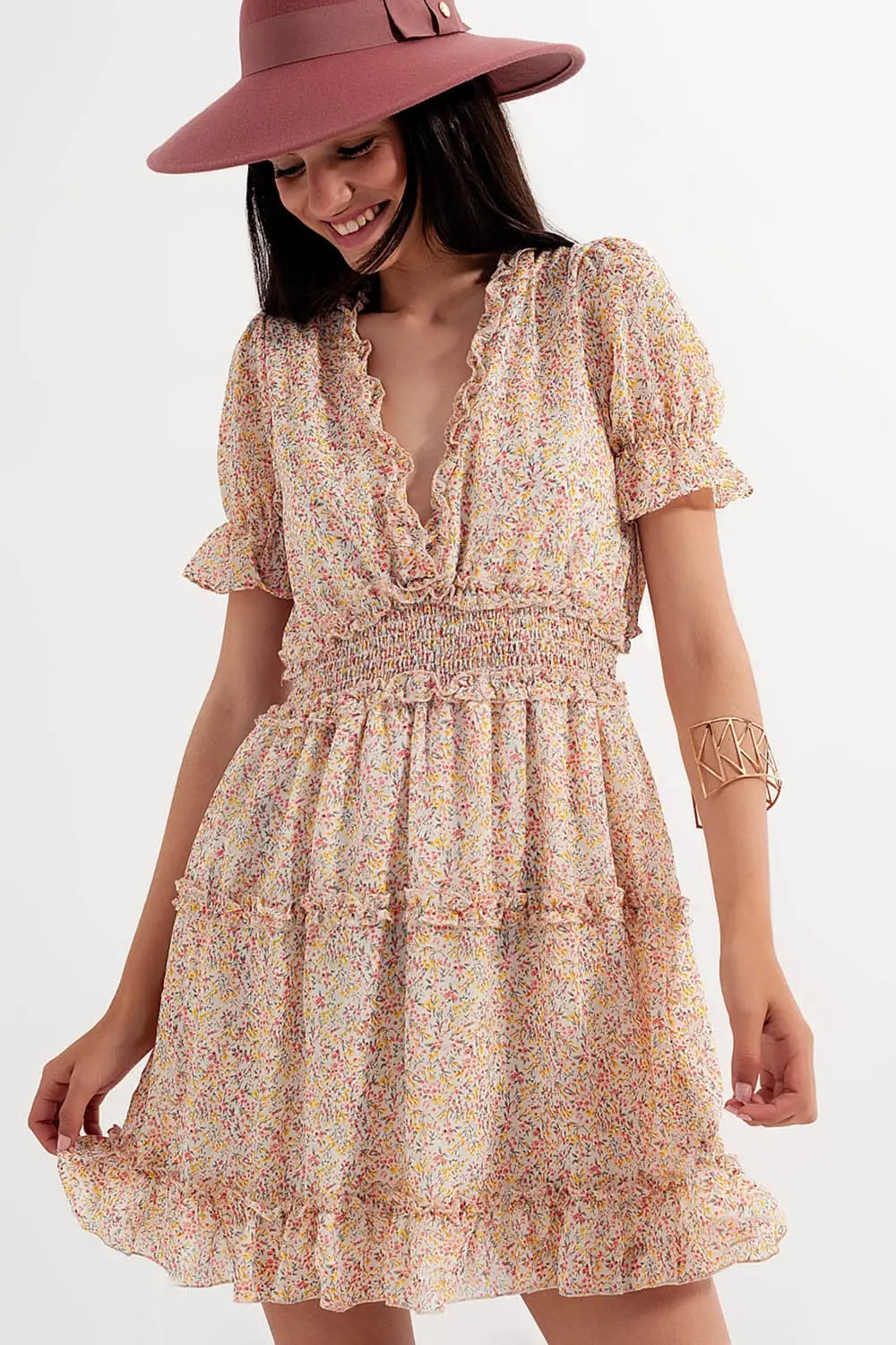 shirred mini skater dress in floral yellow - Dresses