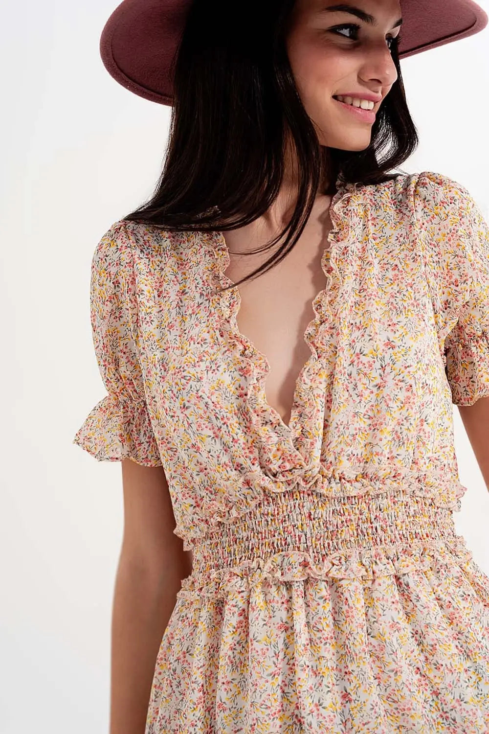 shirred mini skater dress in floral yellow - Dresses