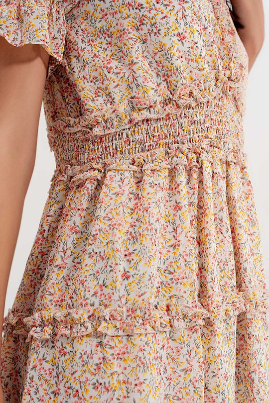 shirred mini skater dress in floral yellow