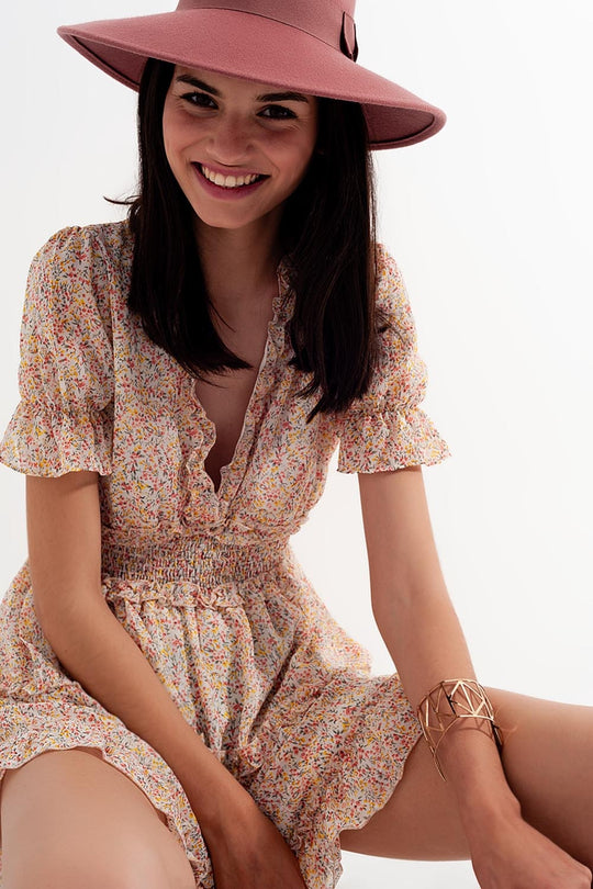 shirred mini skater dress in floral yellow