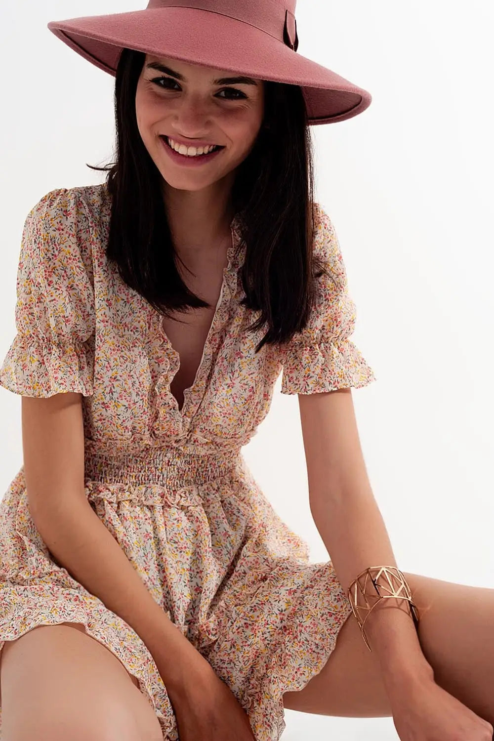 shirred mini skater dress in floral yellow - Dresses