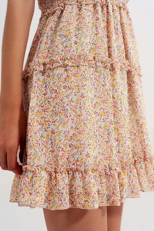 shirred mini skater dress in floral yellow - Dresses