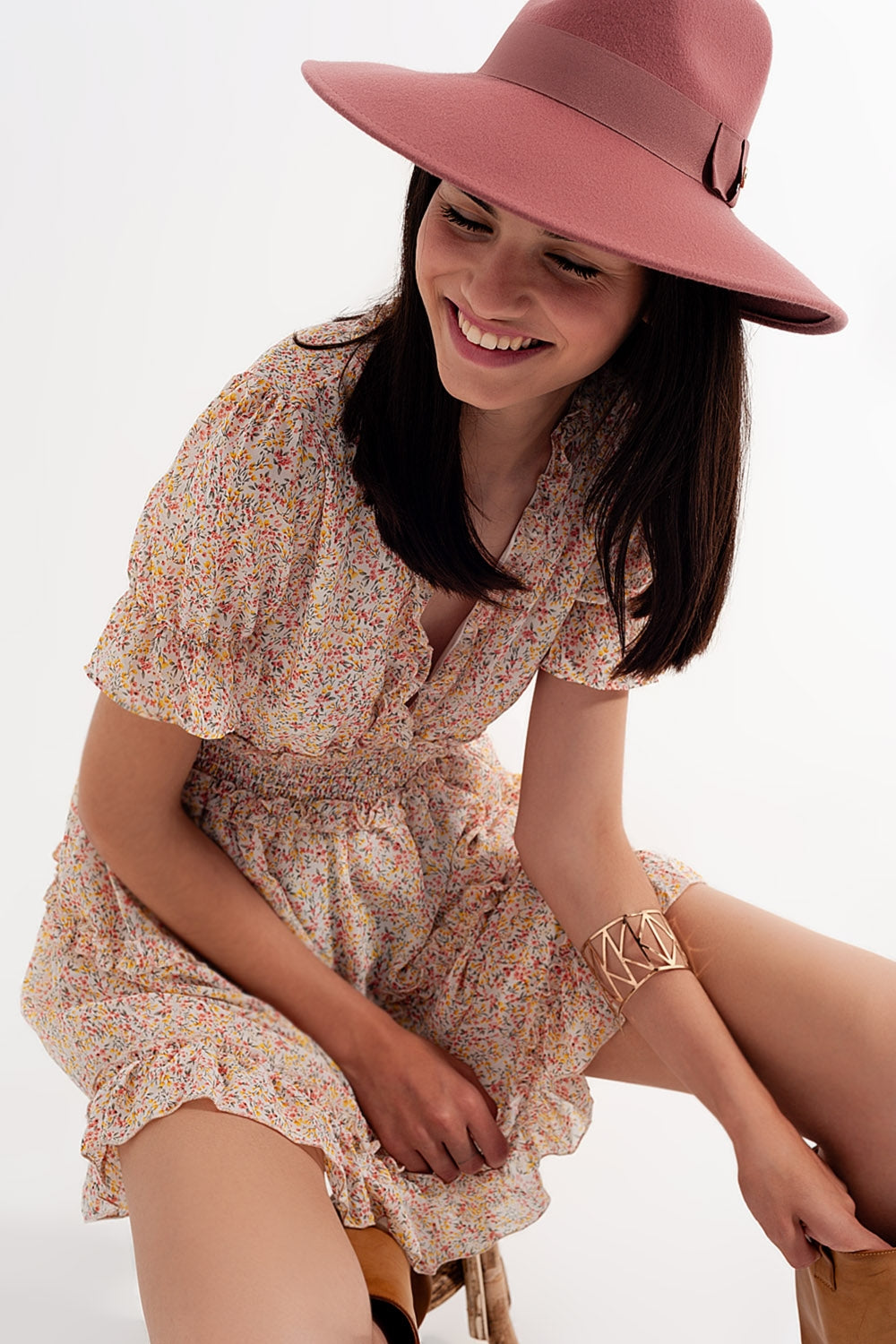shirred mini skater dress in floral yellow