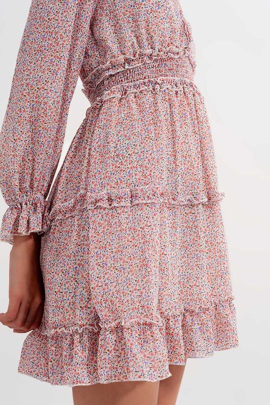 shirred mini skater long sleeve dress in pink floral