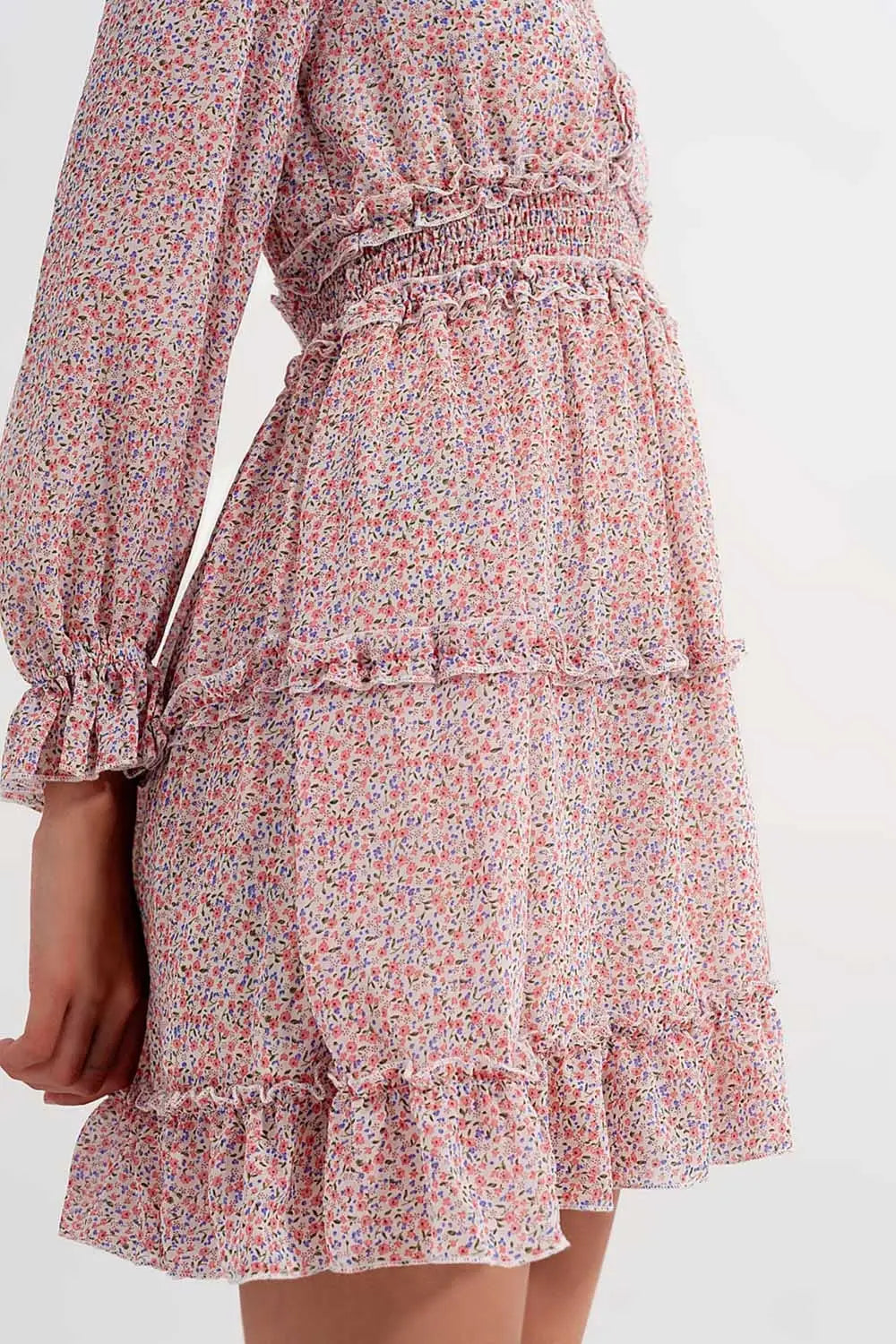 shirred mini skater long sleeve dress in pink floral - Dresses
