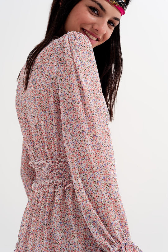 shirred mini skater long sleeve dress in pink floral