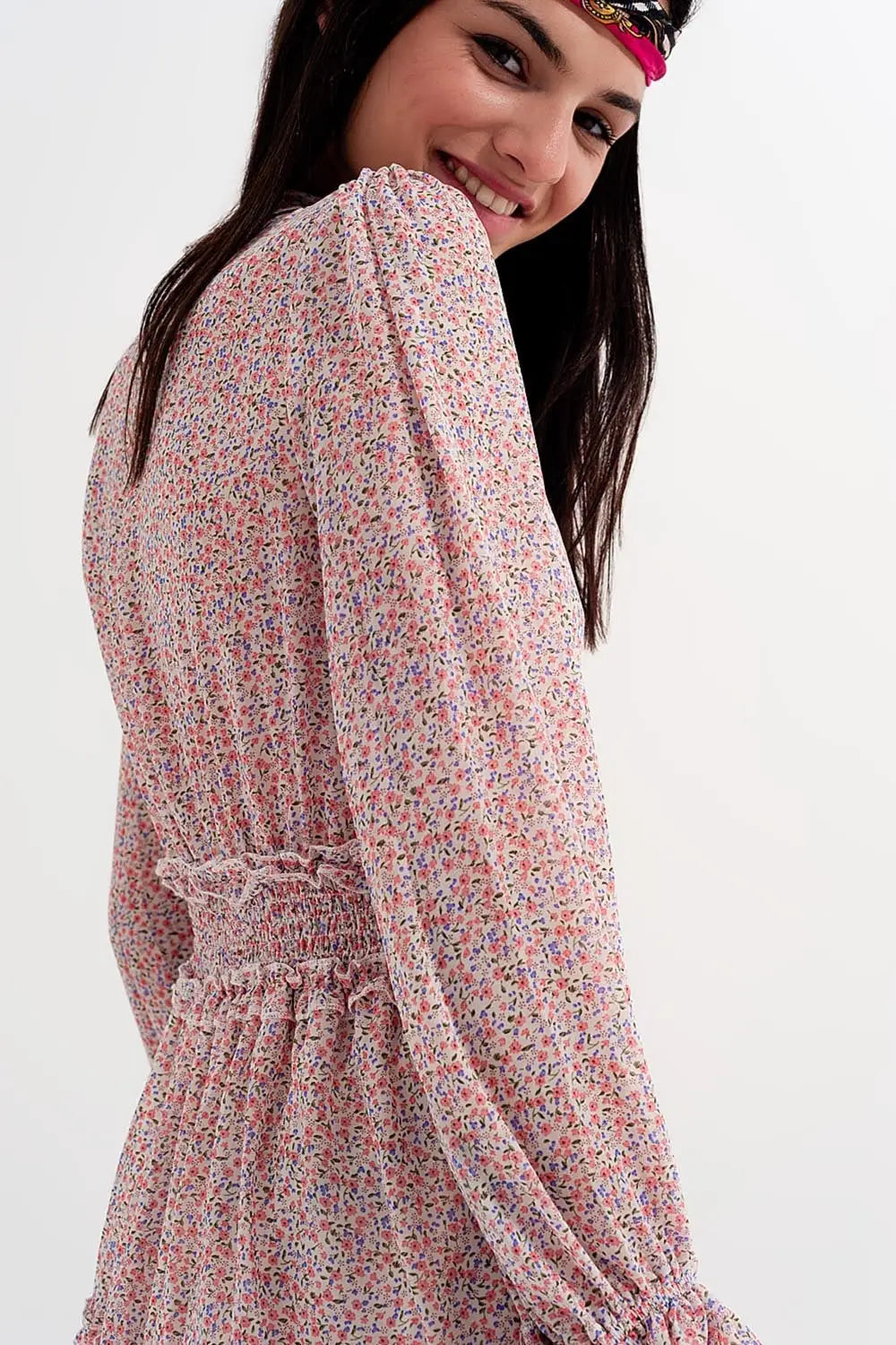 shirred mini skater long sleeve dress in pink floral - Dresses