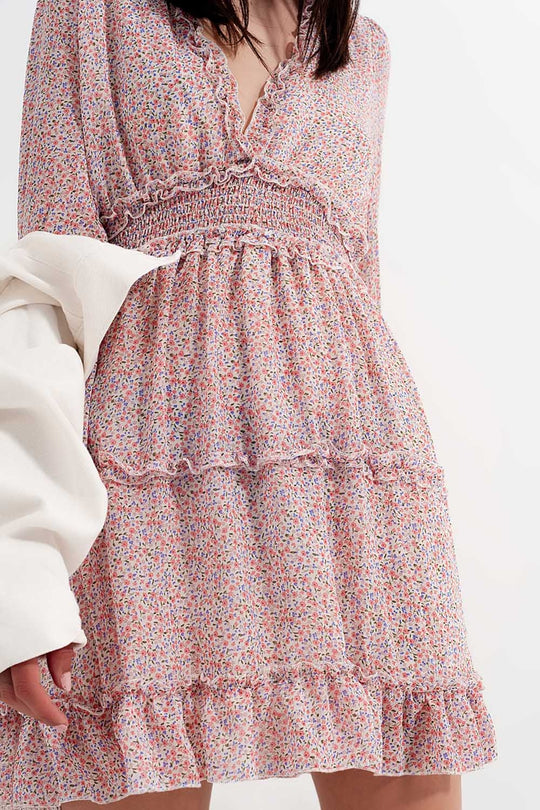 shirred mini skater long sleeve dress in pink floral