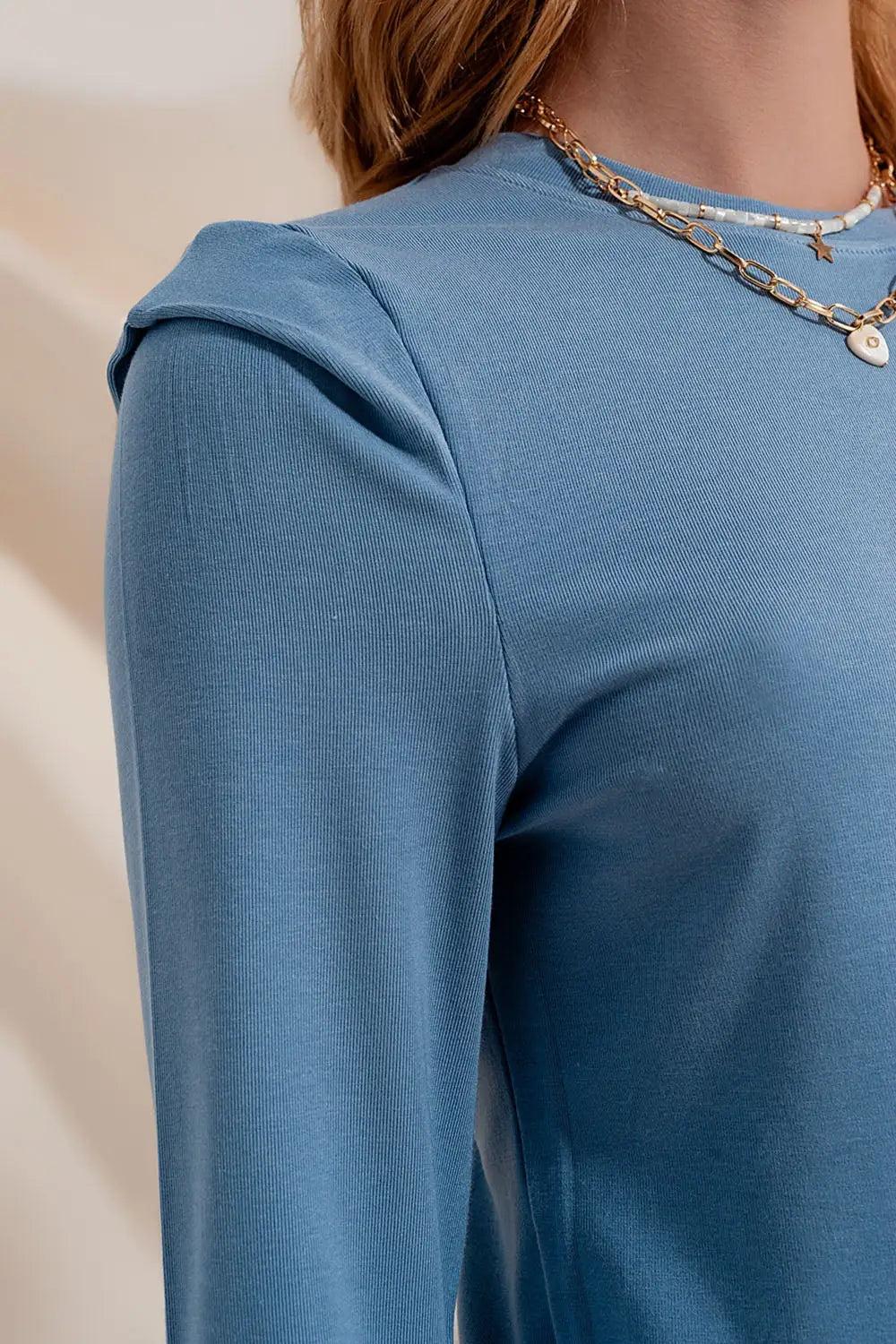 Long sleeve top with shoulder detail in blue - T-Shirts Tops