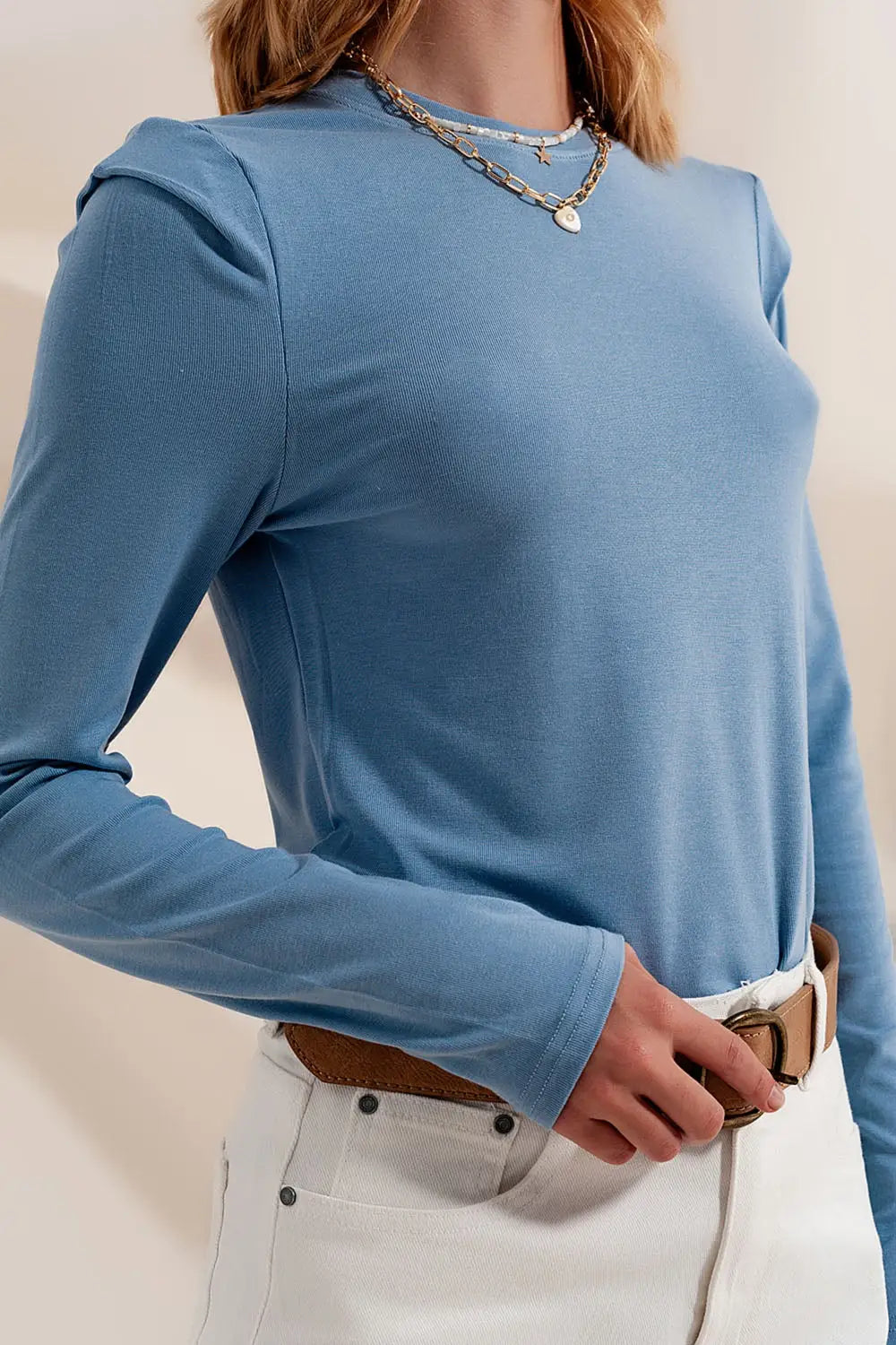 Long sleeve top with shoulder detail in blue - T-Shirts Tops