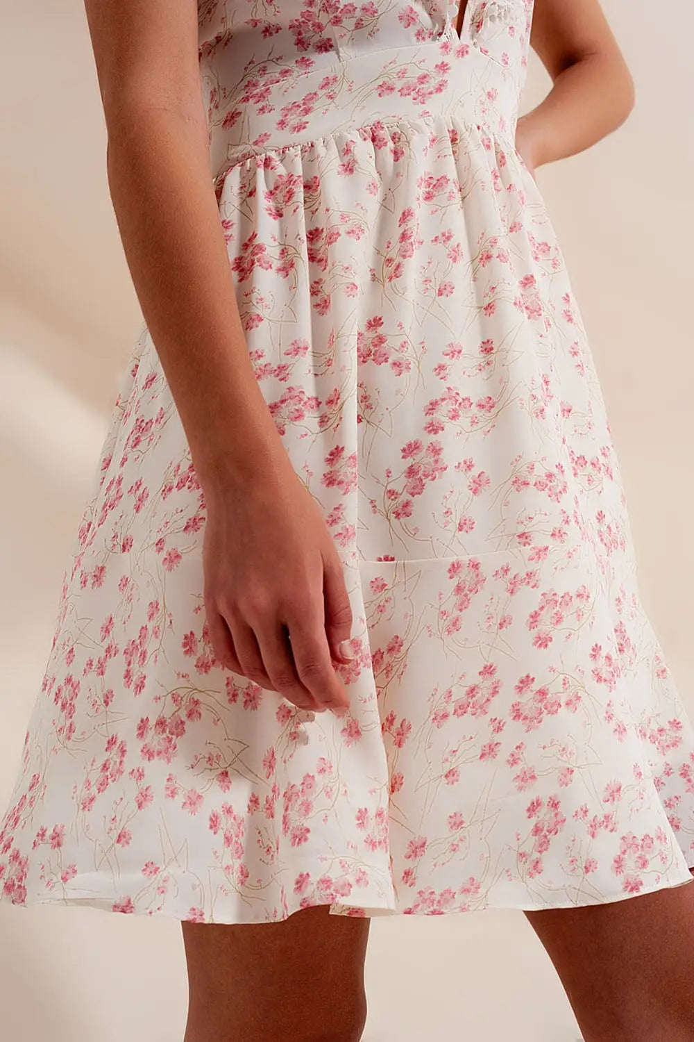 Mini swing dress with plunge neck in pink floral - Dresses