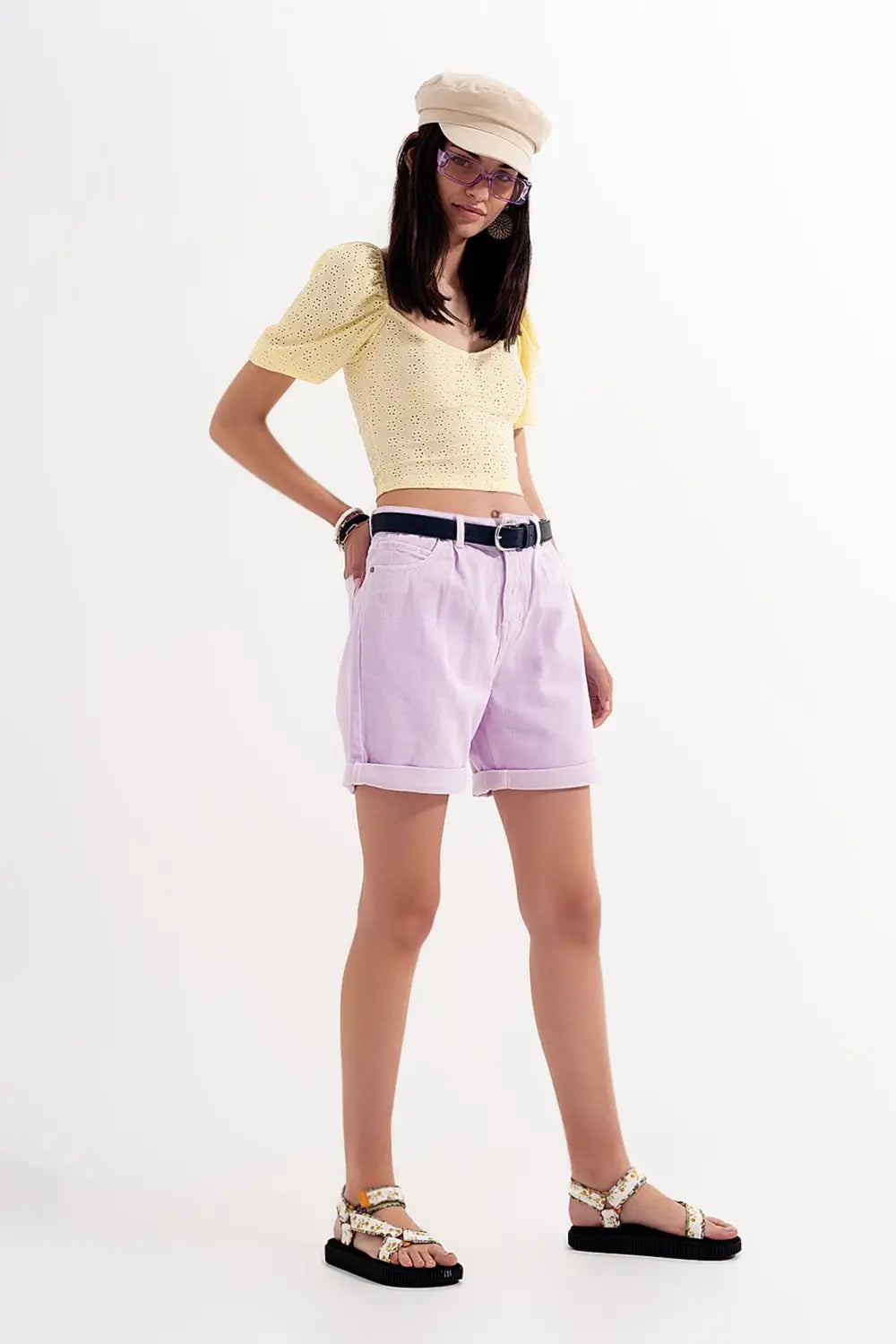 Denim mom shorts in lilac - Pants Colored Jeans