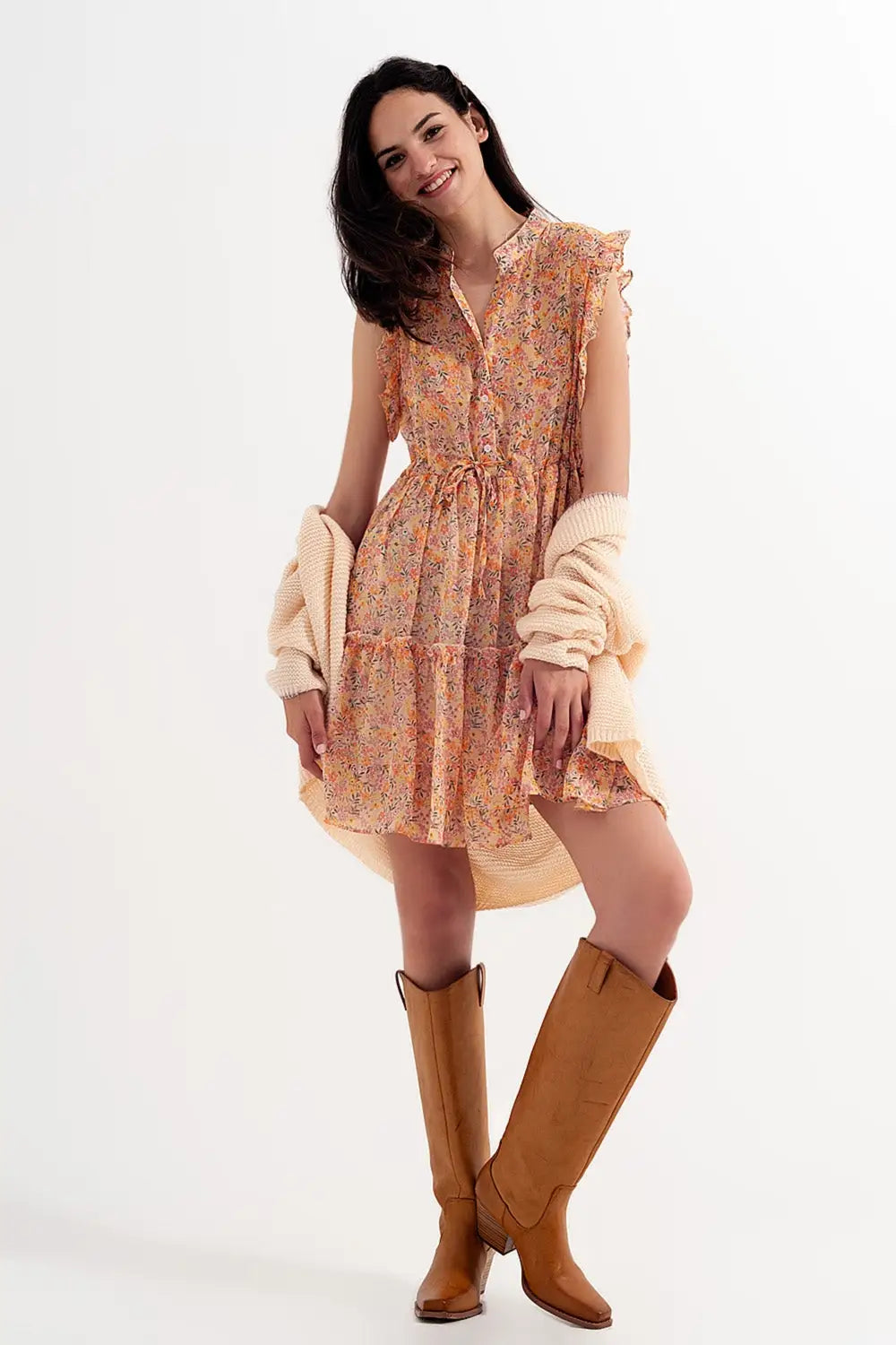 Mini dress with ruffle trims in vintage floral in coral - Dresses