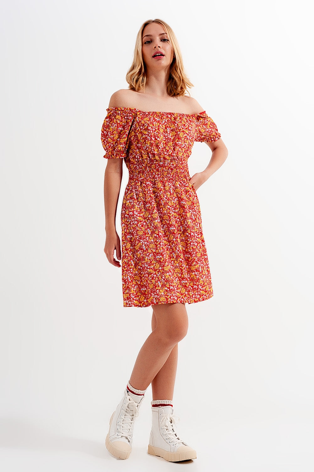 Mini dress with shirred detail in red ditsy floral print