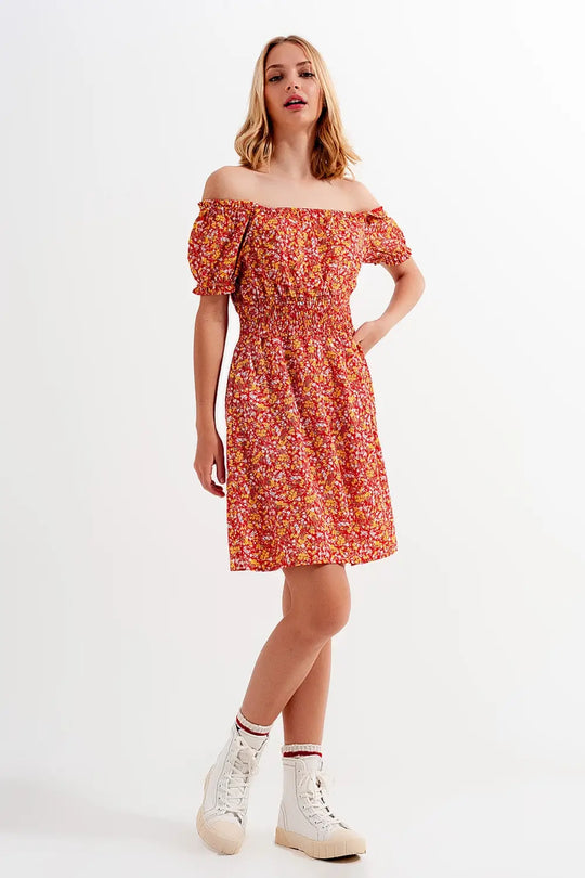 Mini dress with shirred detail in red ditsy floral print - Dresses